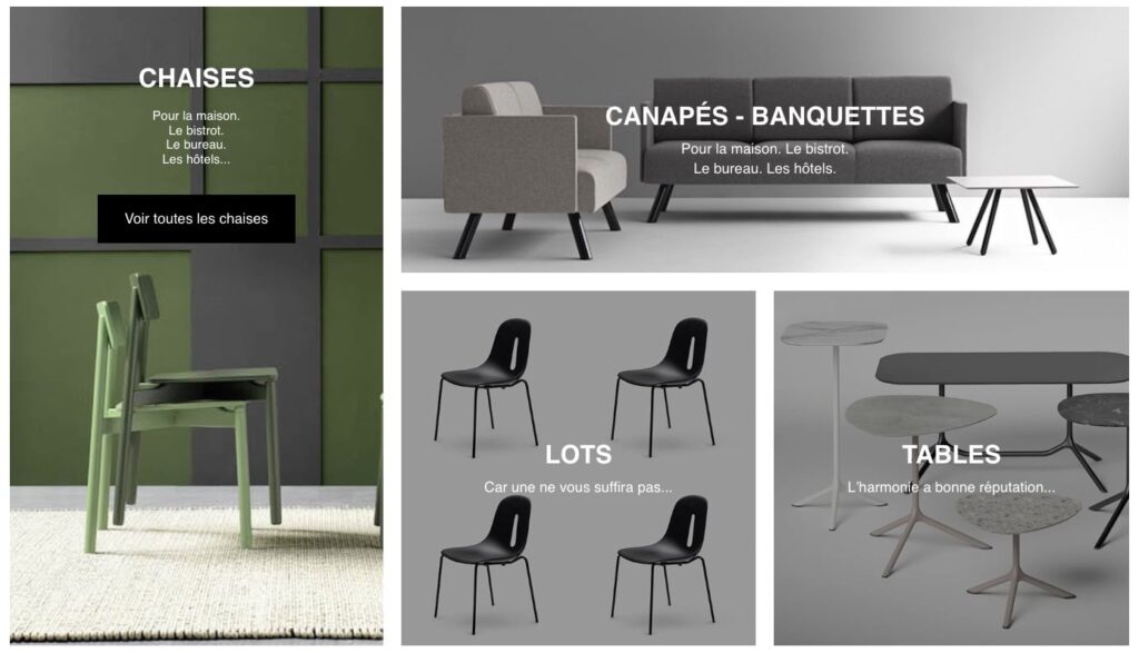 Catégories de produits en accueil sur le site marchand 100chaises.fr