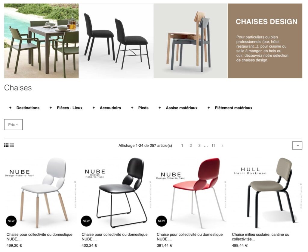 Catégories de produits sur le site Prestashop 100chaises.