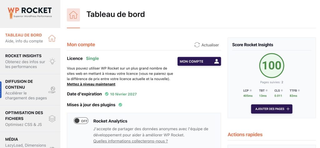 Tableau de bord WP Rocket dans WordPress